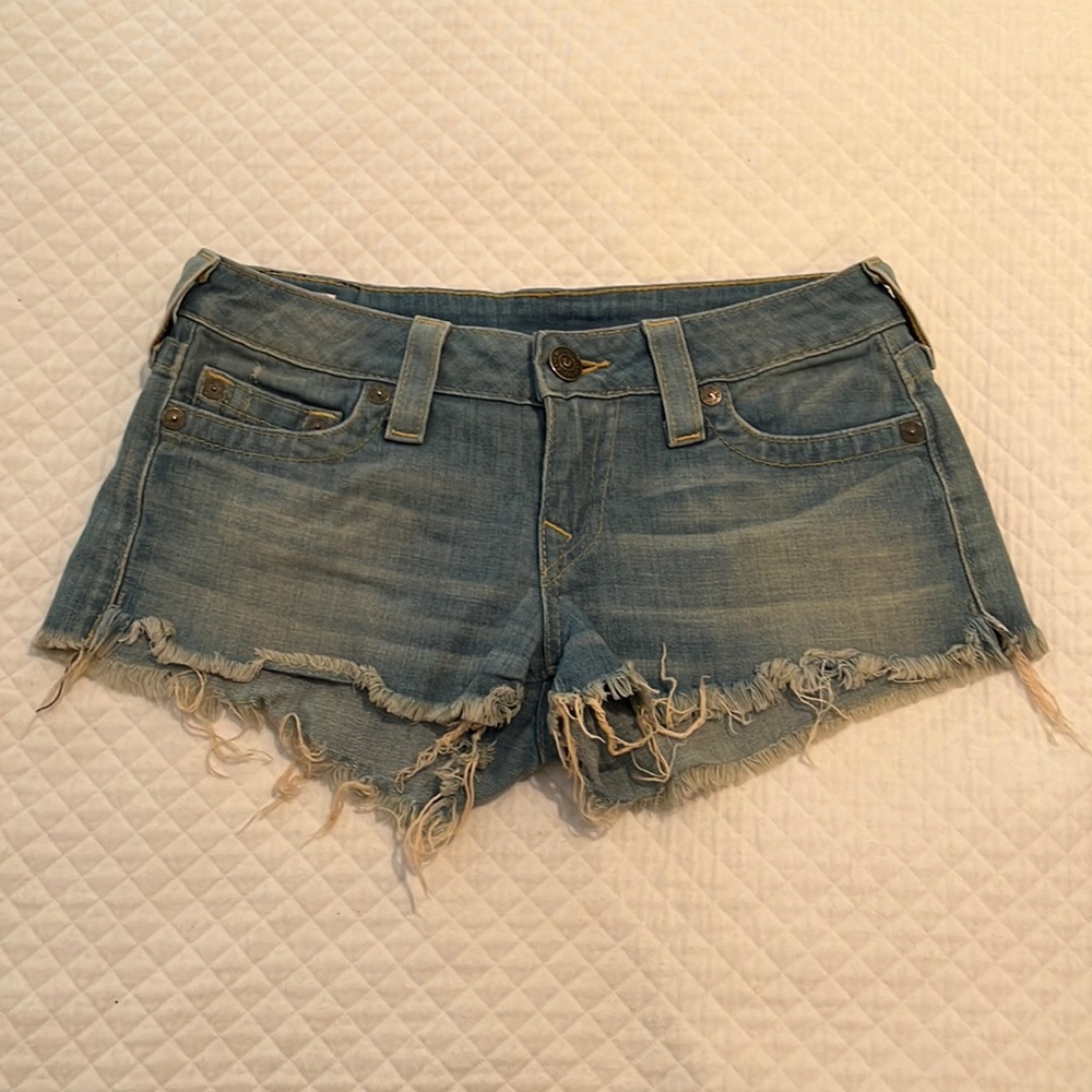 True Religion Faded Blue Distressed Denim Cutoff Shorts